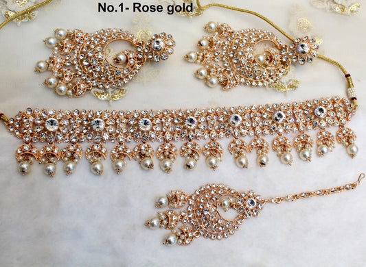 Indian  Jewellery , Rose Gold Choker Necklace Tikka Set/Bollywood Necklace Set/Indian choker rose gold Polish necklace set