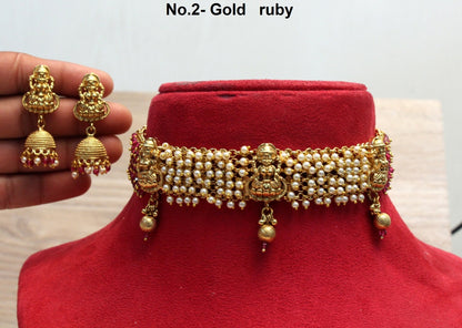 Indian Gold  Jewellery choker set/Gold Ruby green finish Choker Set Bollywood Style