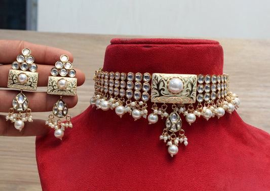 kundan Choker Set Earrings Set/Gold white,  pink, grey choker set Indian Jewellery Necklace Set/Indian bridal kundan Choker Set