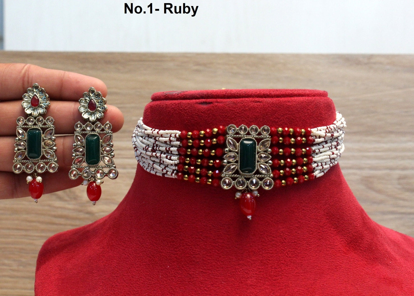 Indian Jewellery/Beaded Ruby, green Choker Set /Bollywood Choker Style Gold Necklace Set Wedding Bridal Ethnic Jewellery Set