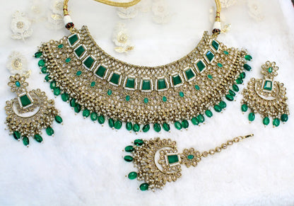 Indian  Jewellery/Dark gold Semi Bridal Crystal necklace Set/Bollywood Gold Indian Jewellery Necklace Set