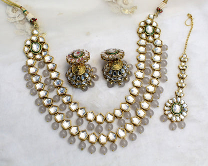 Kundan Necklace Set/ Indian Jewellery Gold ,Blue, Green, gray Semi Bridal Kundan Necklace Set Indian Wedding Bollywood Jewellery Necklace