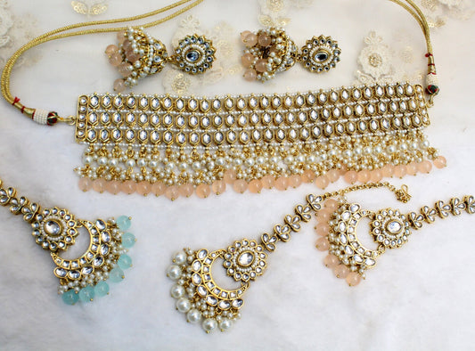 Indian Jewellery Kundan choker set Necklace Set/Bollywood Gold white, sea-green Mint,  peach choker  Necklace Jewellery dragon Set