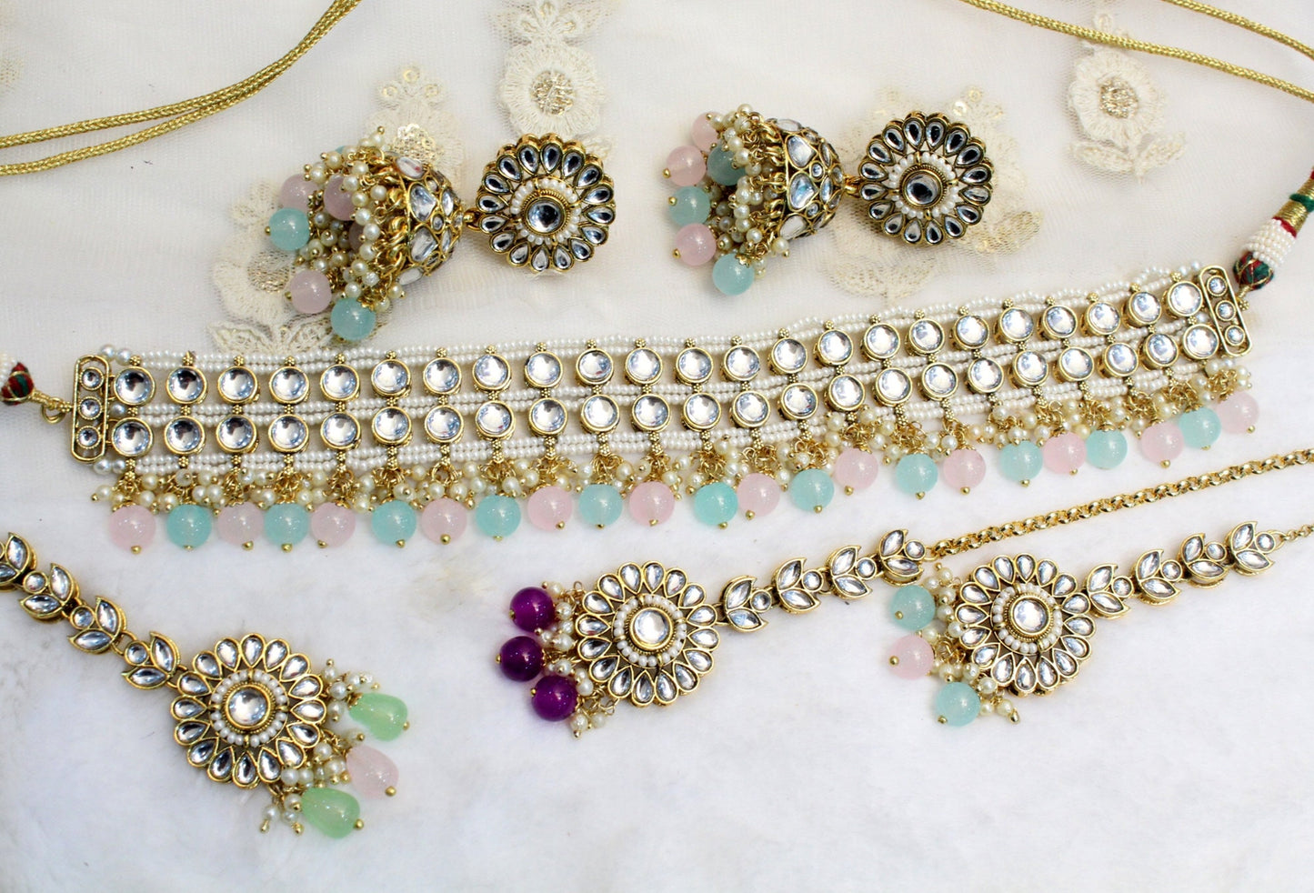 Indian Jewellery Kundan choker Set Necklace Set/Bollywood Pista Green Pink , sea-green Mint,  pink choker  Necklace Jewellery Set