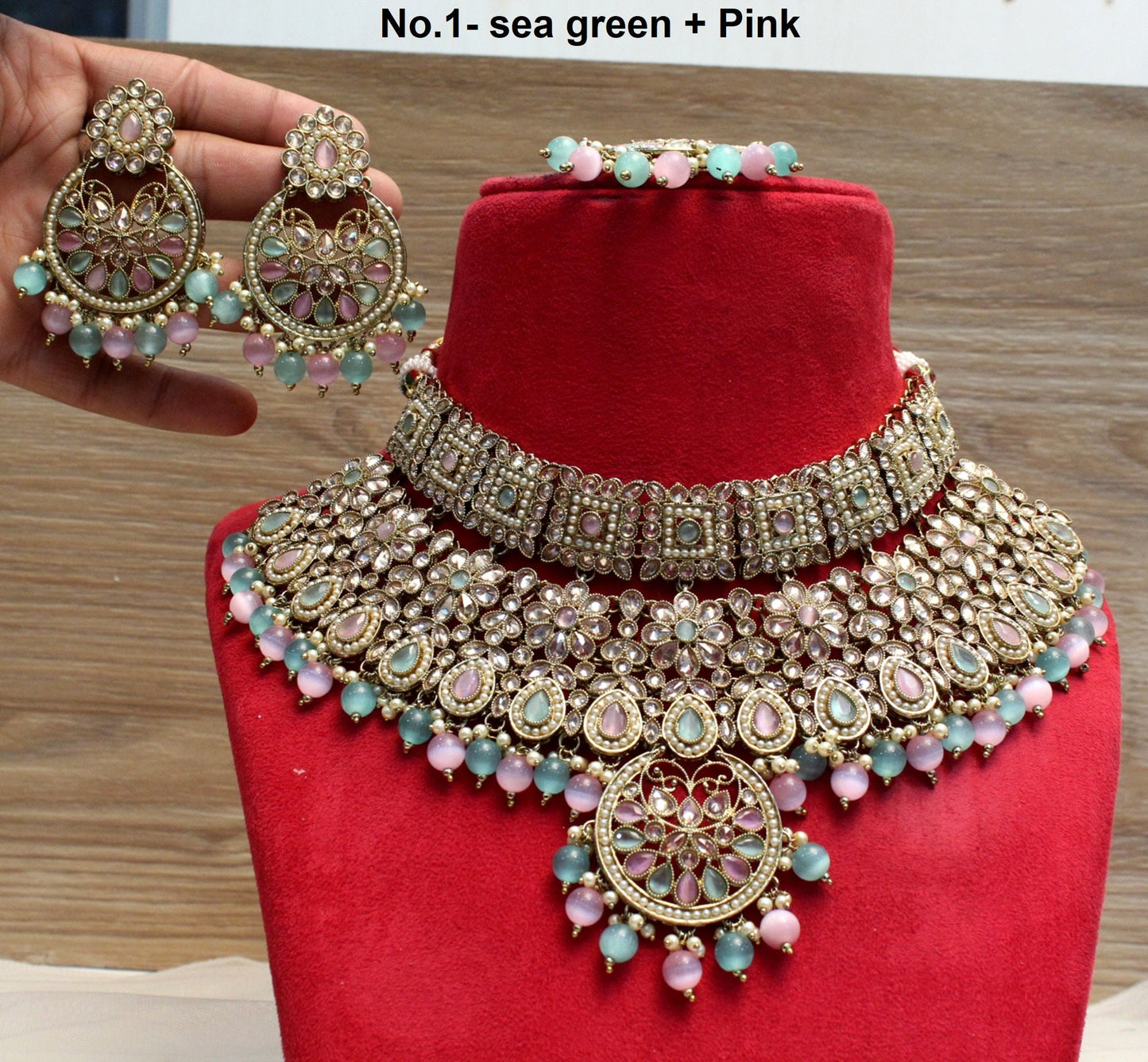 Buy Bridal Choker Set bridal Necklace Set/ sea green pink choker necklace Jewellery set /Indian necklace set/Bridesmaid Jewellery/gift for her