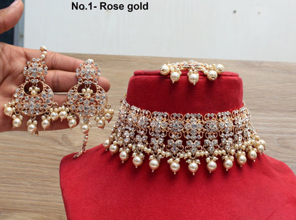 Choker Set Rose Gold Silver Set/ Bollywood bridal Jewellery/ Indian choker necklace set with headpassa / Bridesmaid Jewellery/Women set