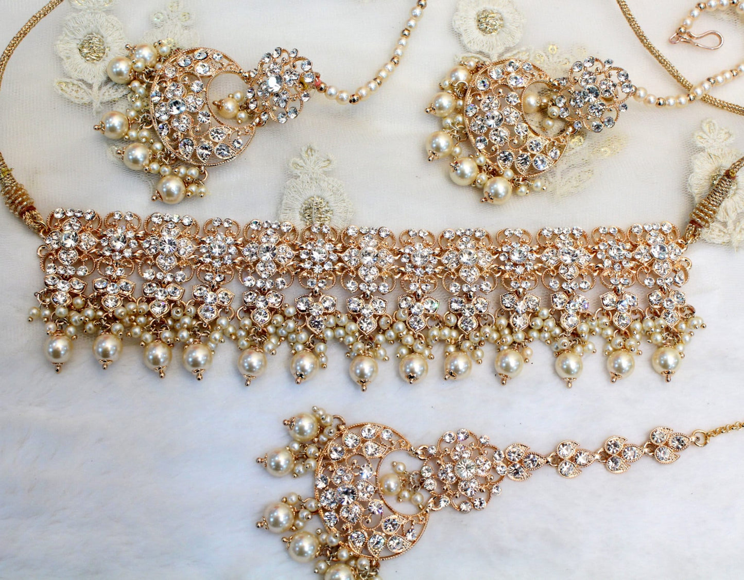 Choker Set Rose Gold Silver Set/ Bollywood bridal Jewellery/ Indian choker necklace set with headpassa / Bridesmaid Jewellery/Women set