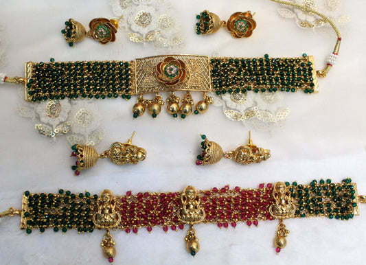 Indian Gold  Jewellery choker set/Gold Ruby green finish Choker Set Bollywood Style