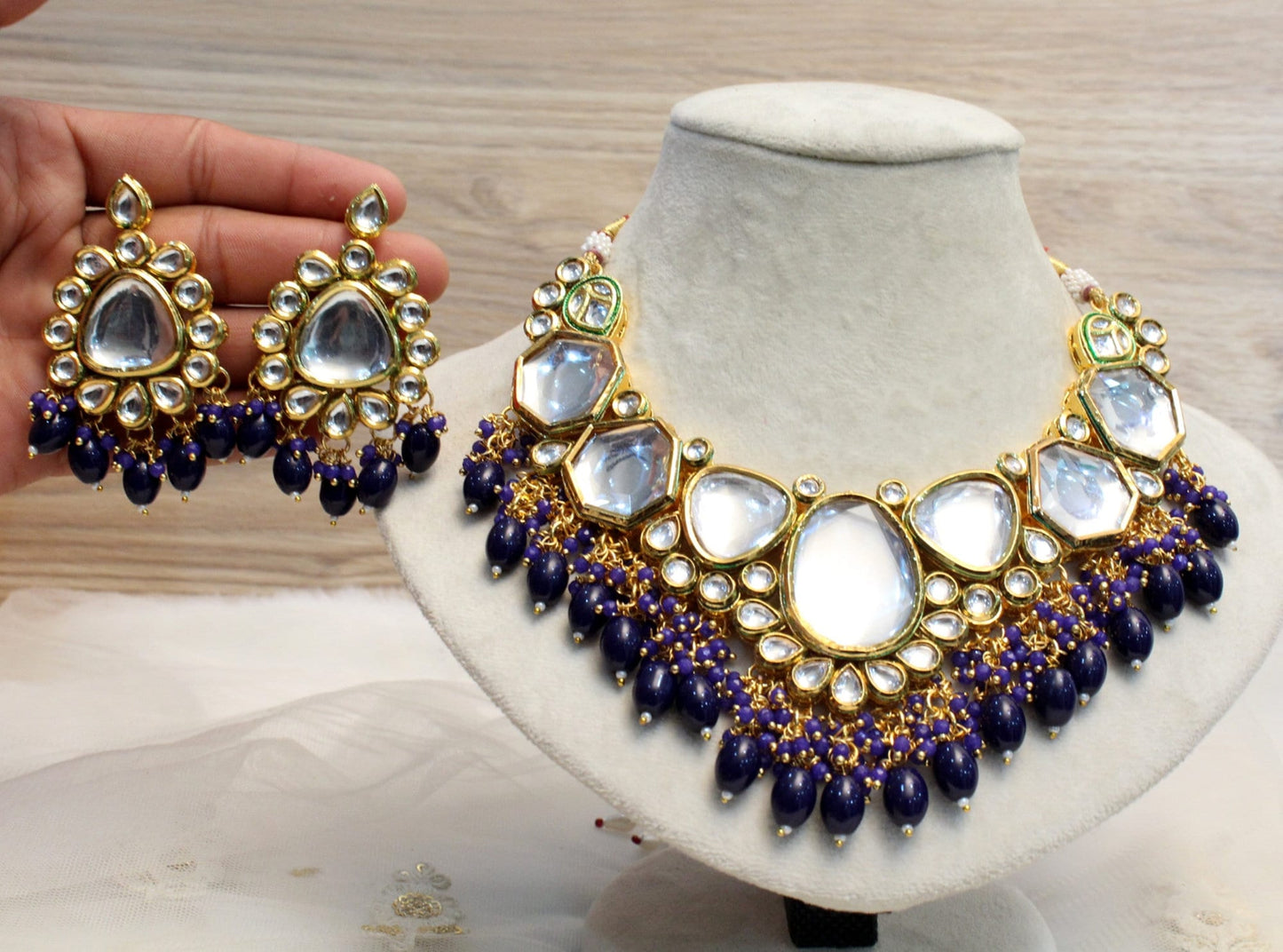 Indian  Jewellery Gold blue Kundan Necklace Set/green necklace set Bollywood Ethnic Wedding Necklace Jewellery Set