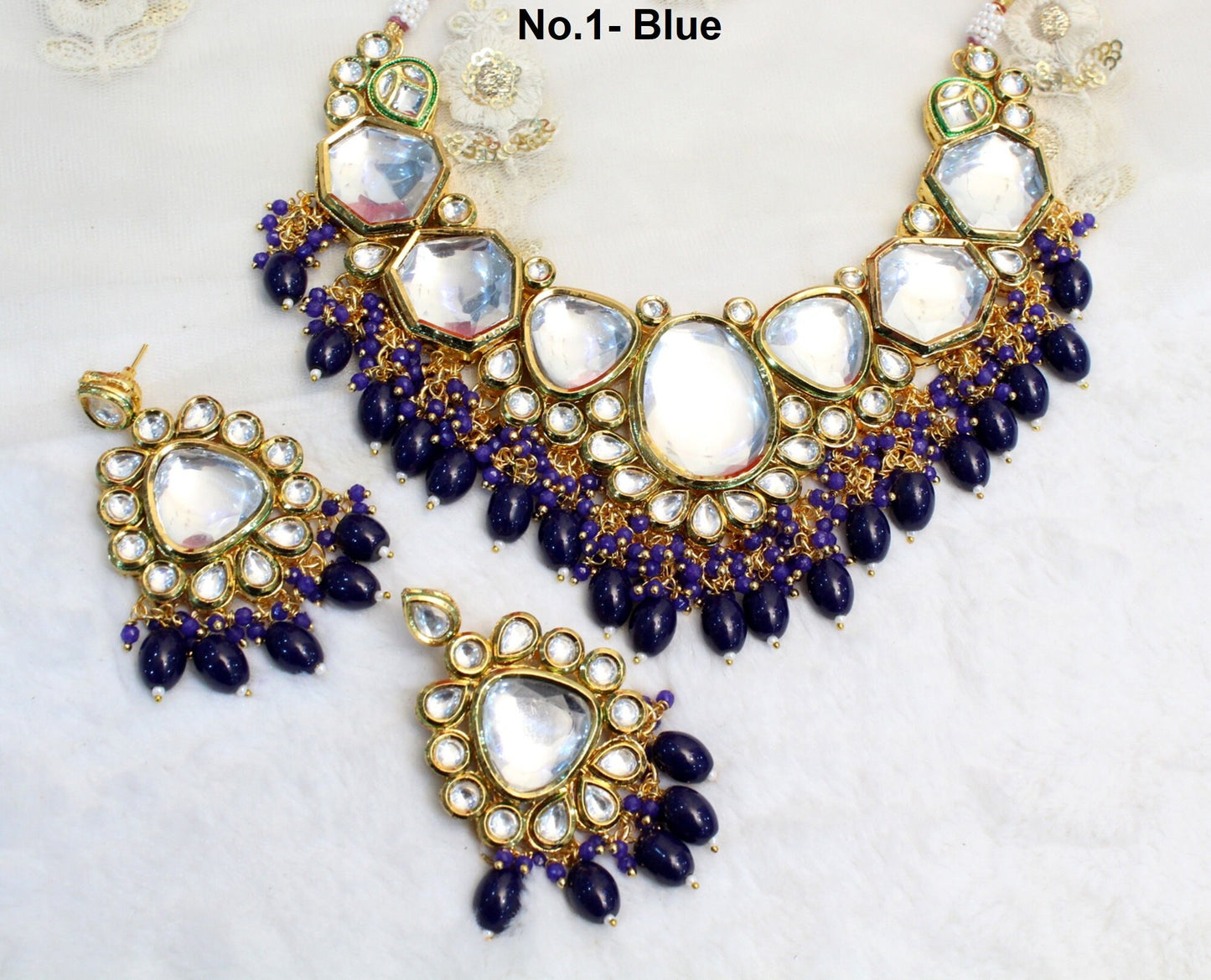 Indian  Jewellery Gold blue Kundan Necklace Set/green necklace set Bollywood Ethnic Wedding Necklace Jewellery Set