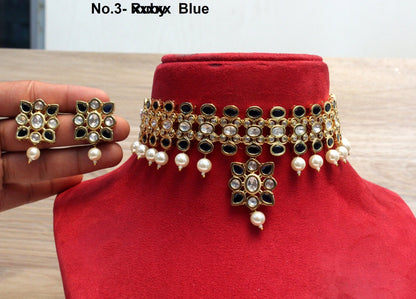 kundan Choker Set Earrings Set/Gold white, maroon, blue  choker set Indian Jewellery Necklace Set/Indian bridal kundan Choker Set