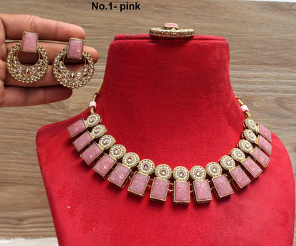 Indian Necklace  Jewellery Set/ Gold Pink, maroon green, grey Bridal Wedding Bollywood Necklace Set/Brides maid set/Delicate sets