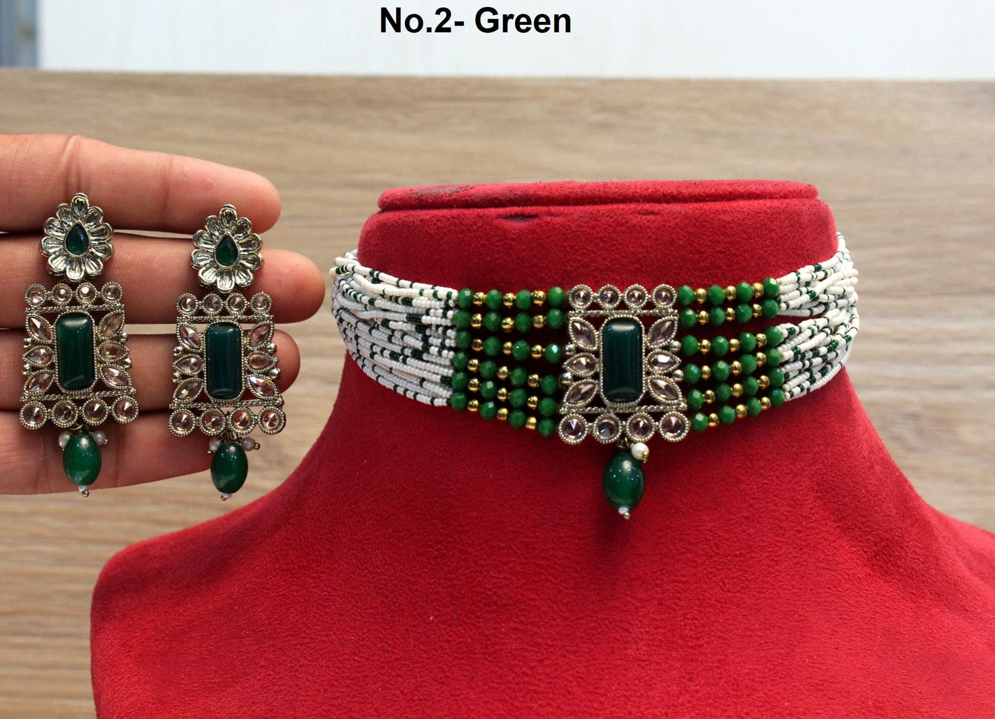 Indian Jewellery/Beaded Ruby, green Choker Set /Bollywood Choker Style Gold Necklace Set Wedding Bridal Ethnic Jewellery Set