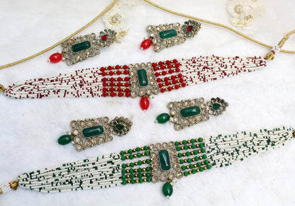 Indian Jewellery/Beaded Ruby, green Choker Set /Bollywood Choker Style Gold Necklace Set Wedding Bridal Ethnic Jewellery Set