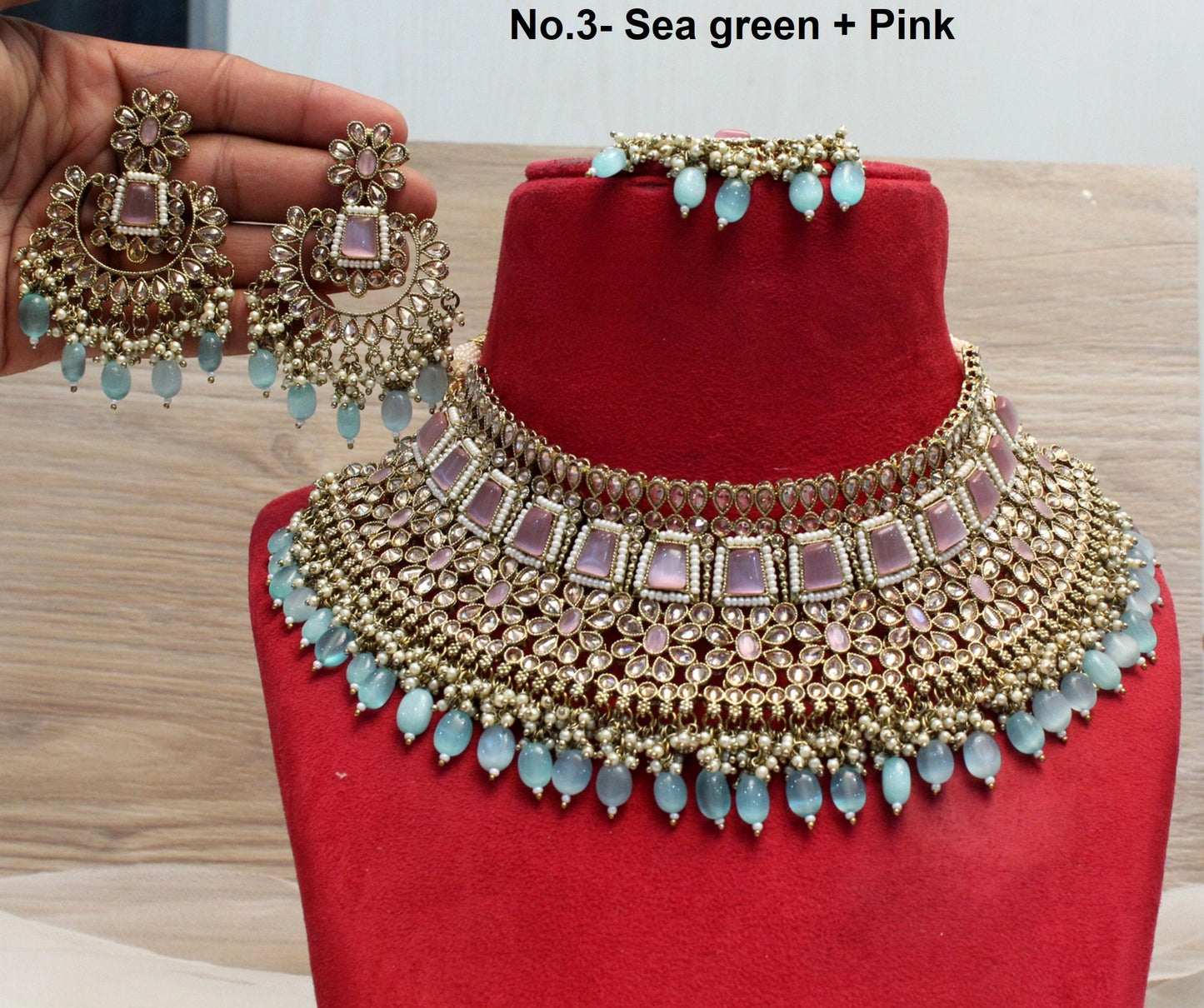 Indian  Jewellery/Dark gold Semi Bridal Crystal necklace Set/Bollywood Gold Indian Jewellery Necklace Set