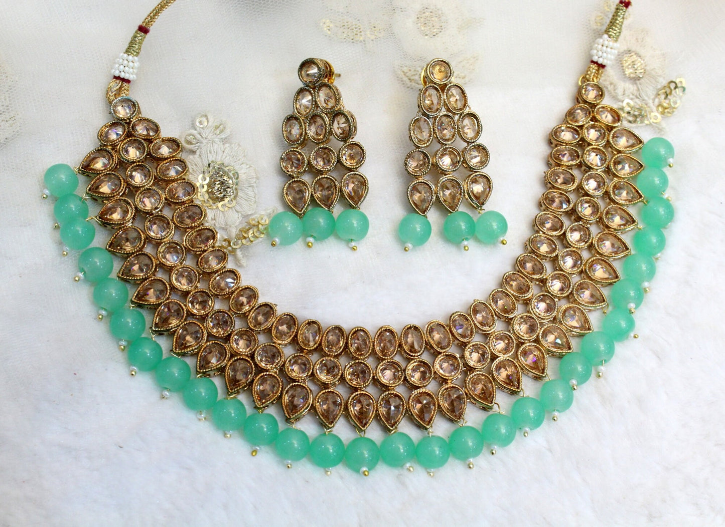 Indian  Jewellery/Dark gold pastel green necklace Set/Bollywood Gold Indian Jewelry Jewellery Set /Bridesmaid jewellery sets