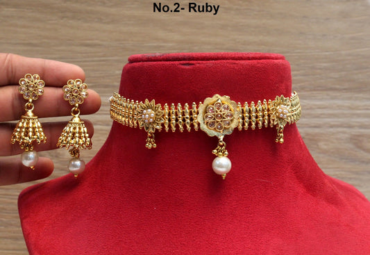 Indian Gold  Jewellery choker set/Gold finish mat finish Choker Set Gold olean South Indian Jewellery