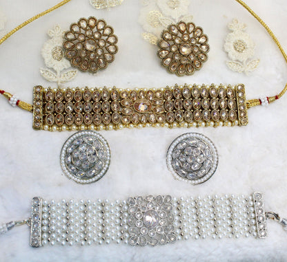 Indian  Jewellery Choker Set/Dark Gold, Silver choker Studs Earrings Set/Gold Bollywood Necklace Set Jewellery