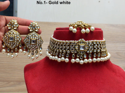 kundan Choker Set Necklace Earrings Set/Grey, sky blue, peach, maroon party choker set Indian Jewellery