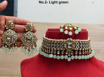 kundan Choker Set Necklace Earrings Set/Grey, sky blue, peach, maroon party choker set Indian Jewellery