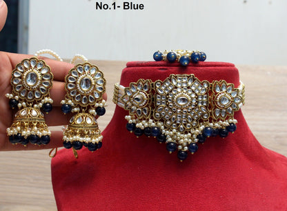 kundan Choker Set Necklace Earrings Set/Grey, blue, ruby  choker set Indian Jewellery Necklace Set/Indian Choker Set