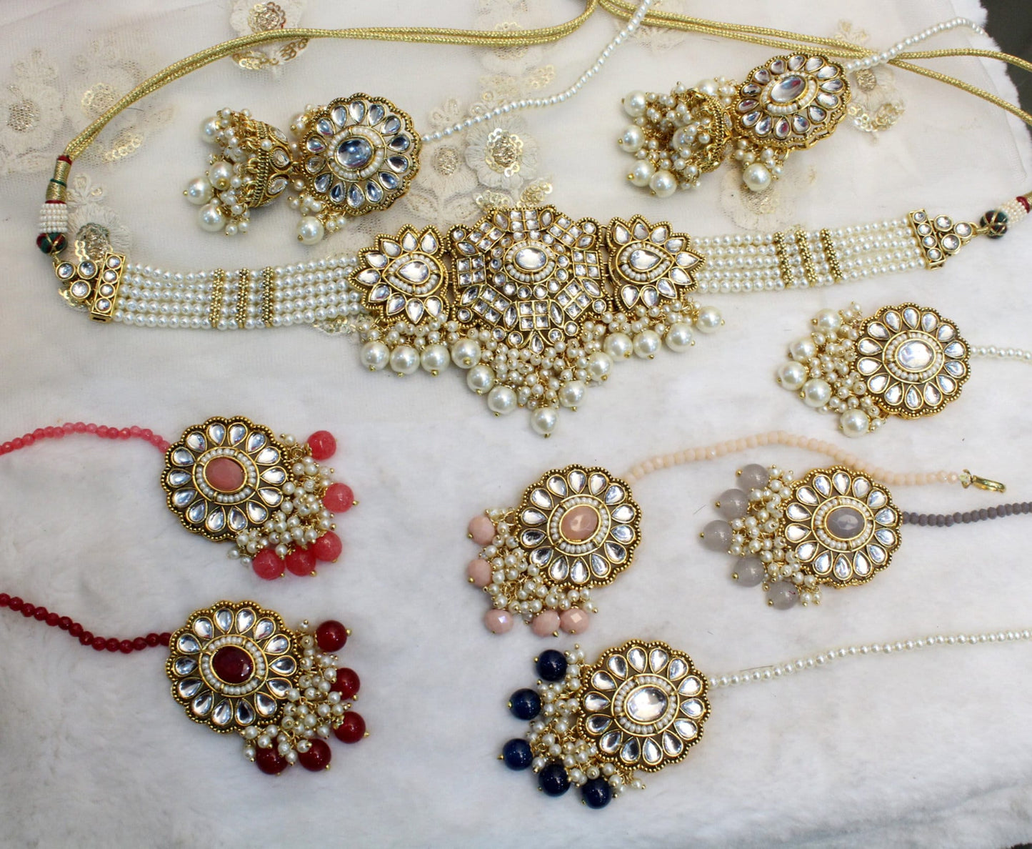 kundan Choker Set Necklace Earrings Set/Grey, blue, ruby  choker set Indian Jewellery Necklace Set/Indian Choker Set