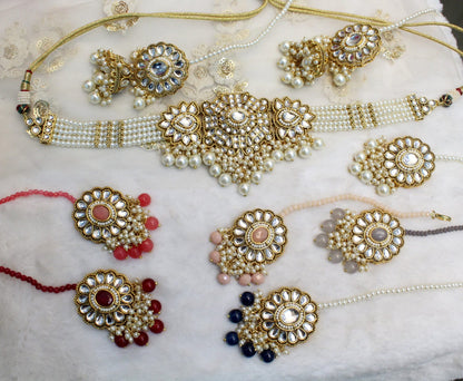 kundan Choker Set Necklace Earrings Set/Grey, blue, ruby  choker set Indian Jewellery Necklace Set/Indian Choker Set