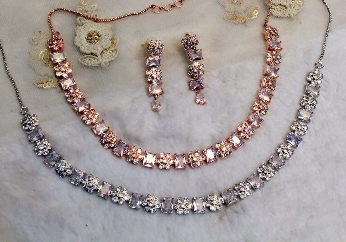 American Diamond Necklace Earrings set, Rose Gold, Bollywood Silver Simple Necklace