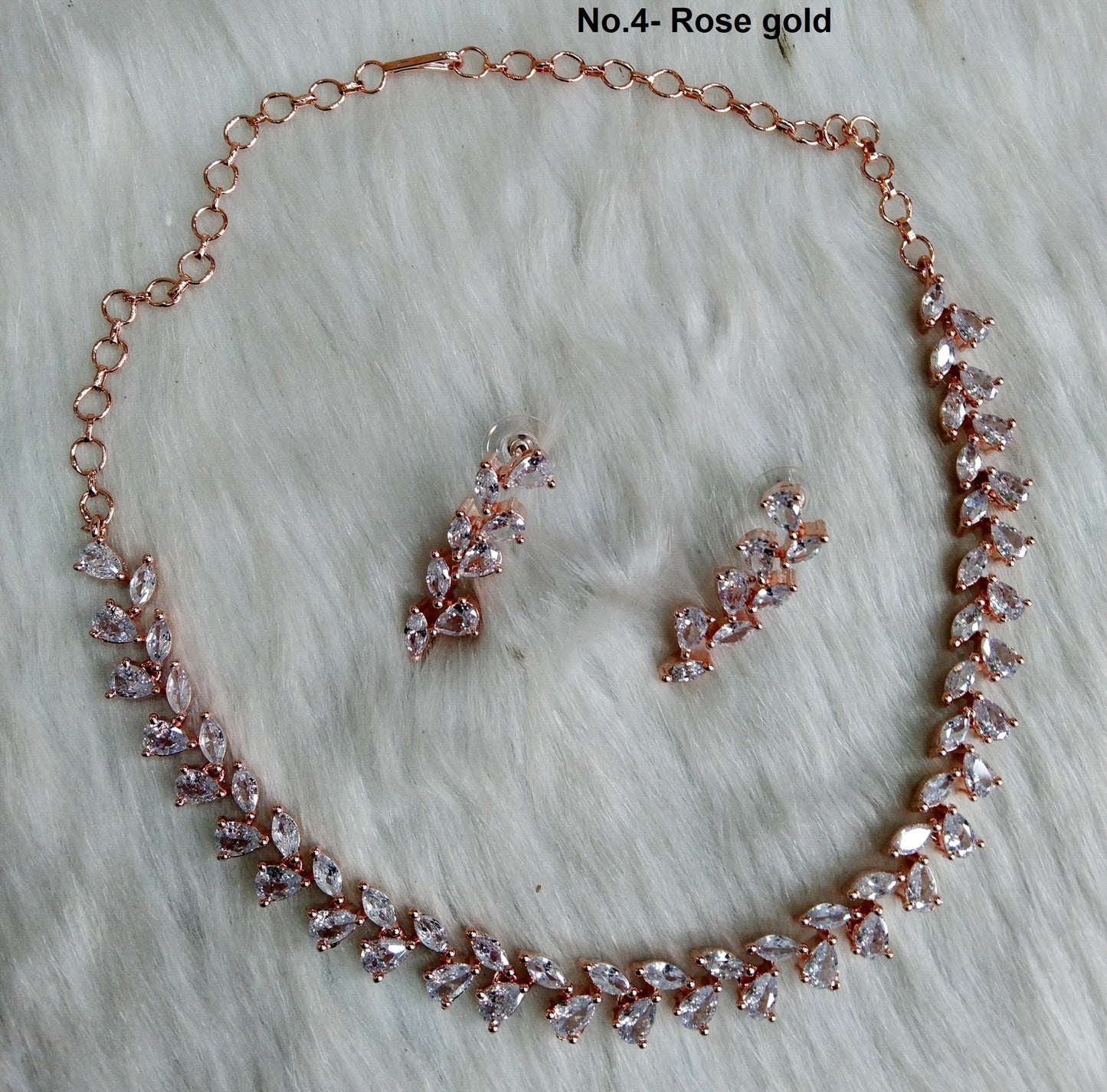 American Diamond Necklace Earrings set, Rose Gold, Bollywood Silver Simple Necklace