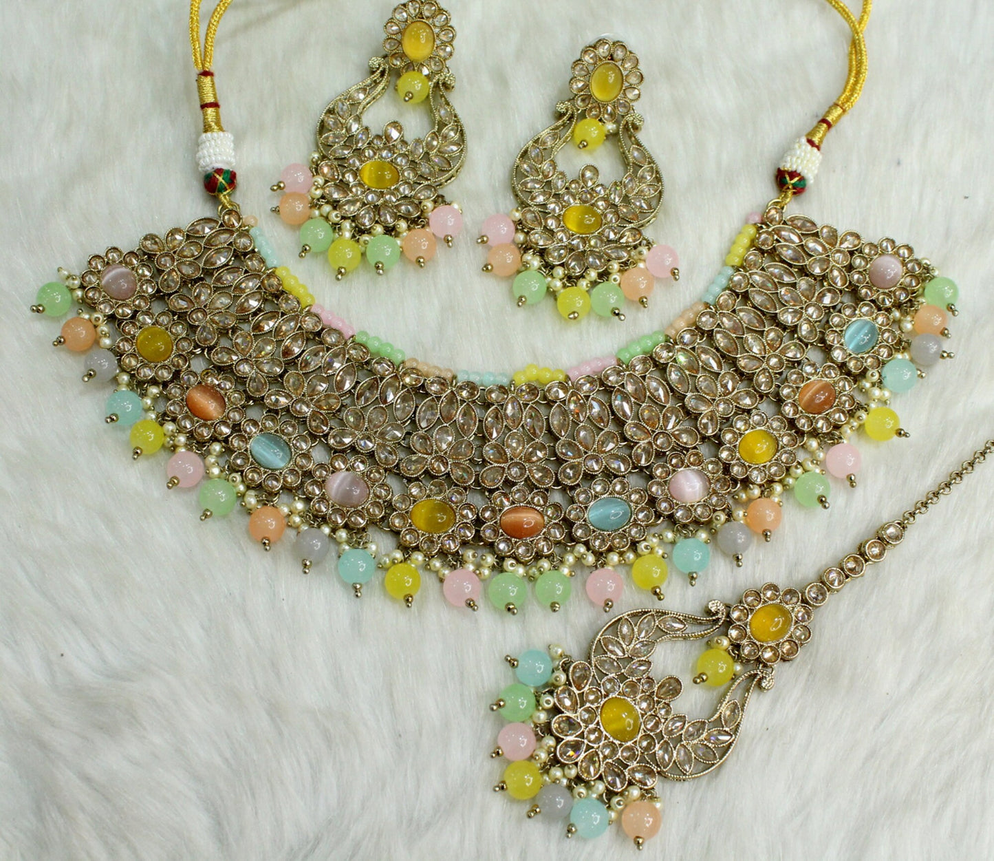 Multicolor Necklace Set Indian Jewelry Jewellery Bridal dark Gold Necklace Earrings Tikka Set/Bollywood Necklace Set/Indian necklace Set