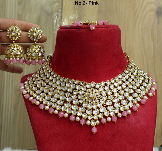 Indian Jewellery/Bridal Gold white, Gajjri, peach, Pista, Pink Kundan necklace spoken Set