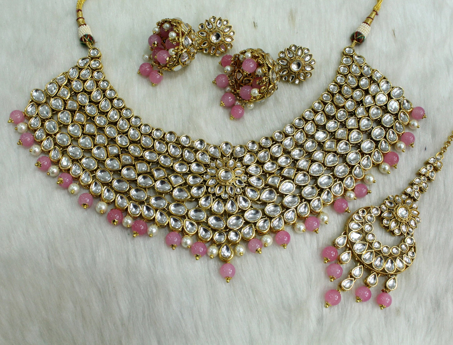 Indian Jewellery/Bridal Gold white, Gajjri, peach, Pista, Pink Kundan necklace spoken Set