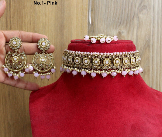 Buy Choker Set /Antique gold finish Jewellery set /Indian Pink, maroon choker necklace set/Bridesmaid Jewellery/gift for her/ Wedding jewellery set