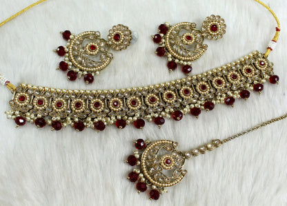 Buy Choker Set /Antique gold finish Jewellery set /Indian Pink, maroon choker necklace set/Bridesmaid Jewellery/gift for her/ Wedding jewellery set