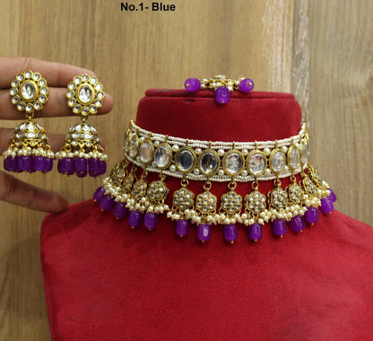 kundan Choker Set  Earrings Set/Gold green , ruby , blue , peach choker set Indian Jewelry Necklace Set/Indian green,ruby maroon Choker Set