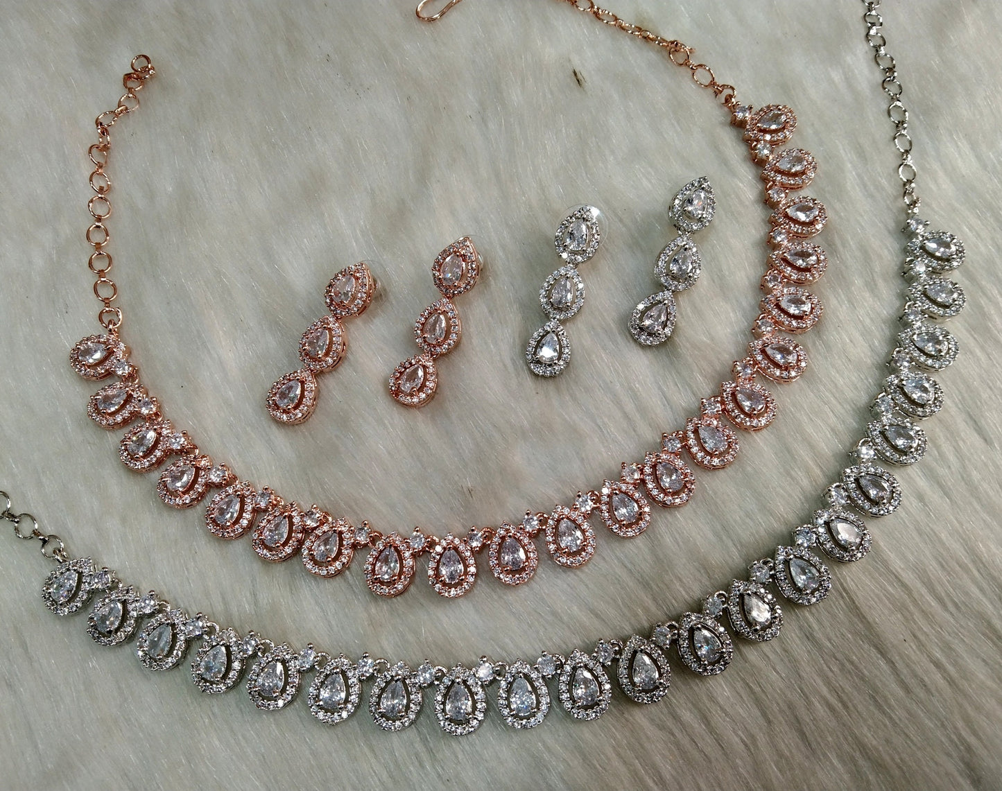 Cubic Zirconia Diamond necklace Earrings set, rose gold, silver Bridal snoop necklace earrings jewellery statement necklace set CZ necklace