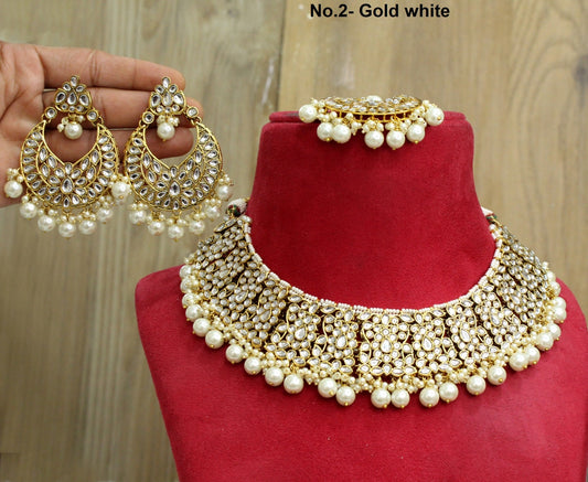 Indian Jewellery/Bridal Gold white, green, Pink Kundan necklace new Set/