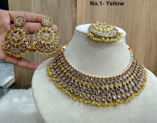 Indian Jewellery Gold Bollywood Necklace Set/ Dark gold yellow Jewelry/Wedding Crystal Semi Bridal Ethnic Set/Indian Necklace Set