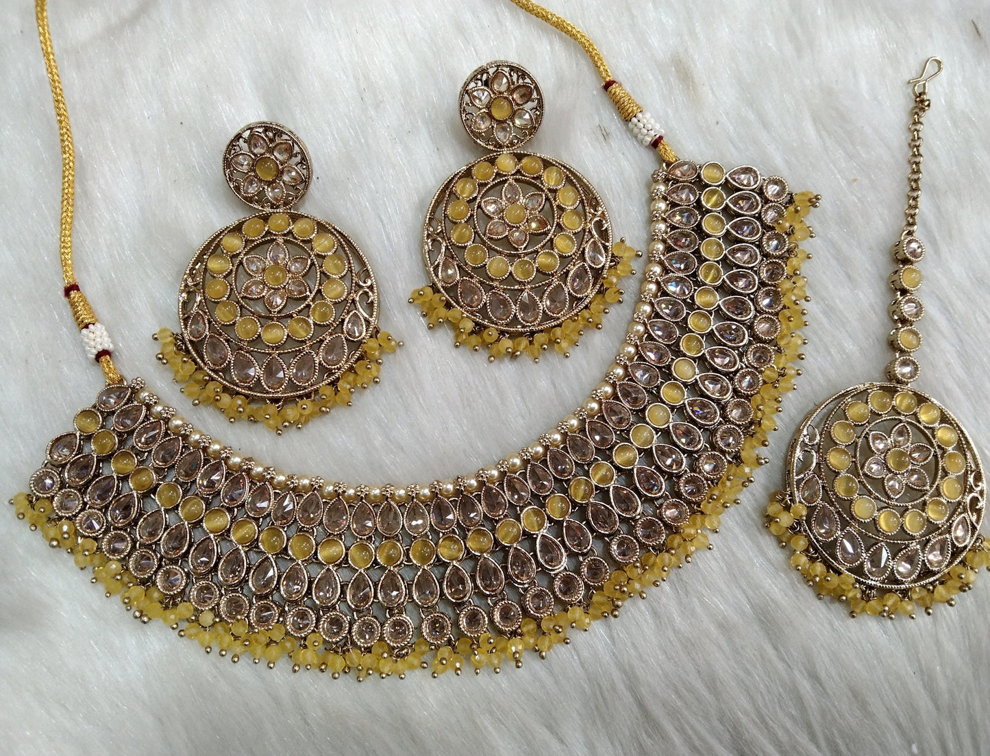 Indian Jewellery Gold Bollywood Necklace Set/ Dark gold yellow Jewelry/Wedding Crystal Semi Bridal Ethnic Set/Indian Necklace Set