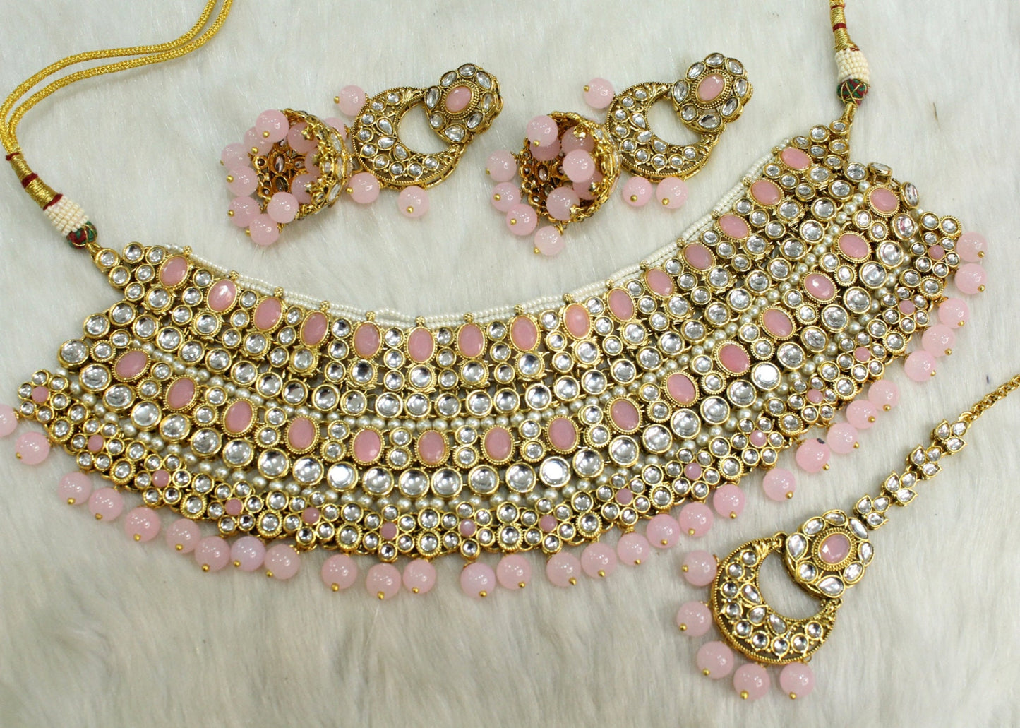 Indian  Jewellery, Ivory Gold white,Pink Kundan necklace Set Indian Wedding Semi Bridal Ethnic Bridal Necklace, bridesmaids set, Bridal set