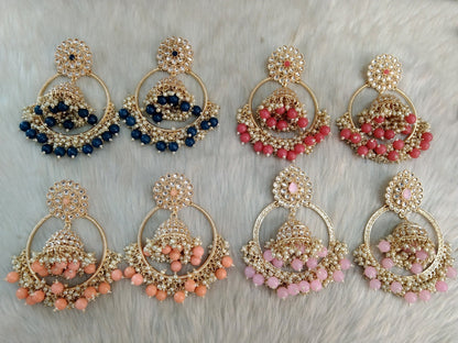 Indian Jewellery/Gold Indian Earrings Tikka Set/Indian peach, pink, Gajjri , blue chand balli  Earrings nasha Jewellery