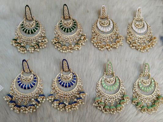 Indian Jewellery/Gold Indian Earrings Tikka Set/Indian blue, pink, green,  pastel green chand balli  sia Earrings