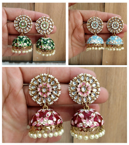 Indian Jhumka Earrings Jewelry/Punjabi Gold  Wedding Indian Jewelry Purple , marron, sky blue , green  Jhumka alone Earrings