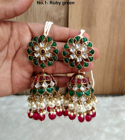 Indian Jhumka Earrings Jewellery/Punjabi Gold  Wedding Indian Jewelry ruby green , black, ruby Jhumka tiles Earrings