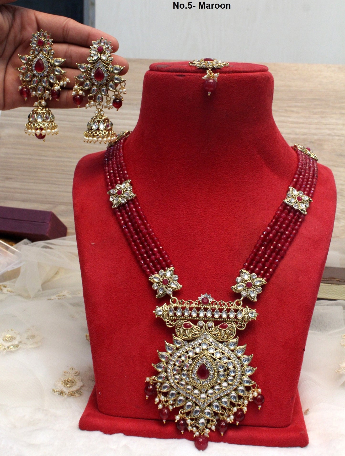 Rani Haar Kundan long Necklace Set/Gold, Maroon ,Green Indian Necklace Set/ Indian kundan Jewellery/Muslim Long Necklace Set