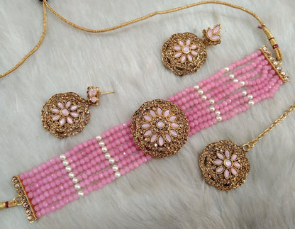 Choker Set gold Necklace Set/Bollywood Jewellery/Pink Indian choker necklace set/Bridesmaid Jewellery/Women Necklace set