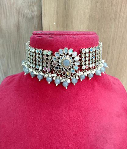 Mirror Kundan Choker Necklace Jewellery Akon Set/ Bridal Bollywood Jewellery Set/Women Choker Set