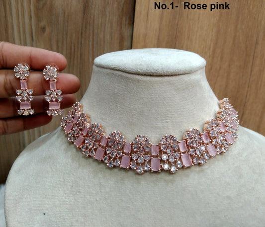 Cubic Zirconia Diamond necklace Earrings set, rose gold, silver Bridal necklace earrings Gaddi jewellery statement necklace set CZ necklace