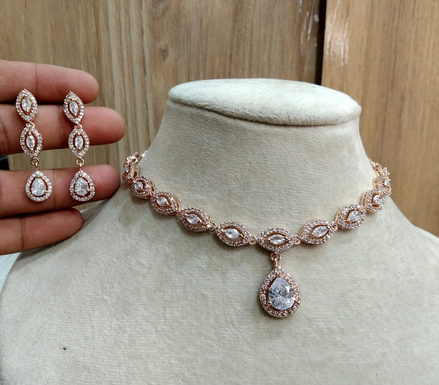 Cubic Zirconia Diamond necklace Earrings set, rose gold, silver Bridal necklace earrings jewellery raleigh utica necklace set CZ necklace set