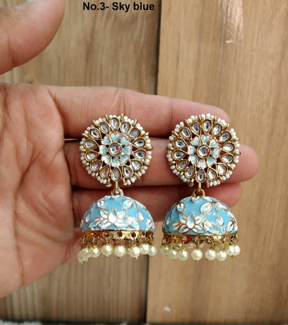 Indian Jhumka Earrings Jewelry/Punjabi Gold  Wedding Indian Jewelry Purple , marron, sky blue , green  Jhumka alone Earrings